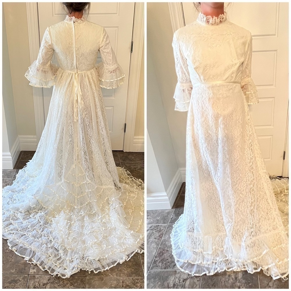 VINTAGE 1970s Raimbow Floral White Lace Ruffle Bell Sleeve & Train Wedding Dress
